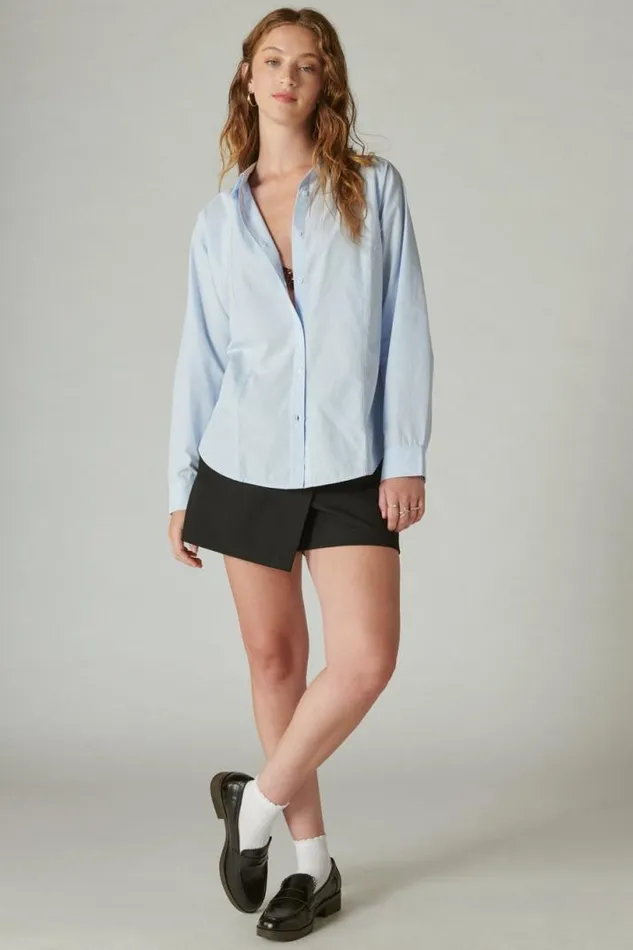 Women Lucky Brand Blouses Solid Oversized Seamed Shirt Light Blue