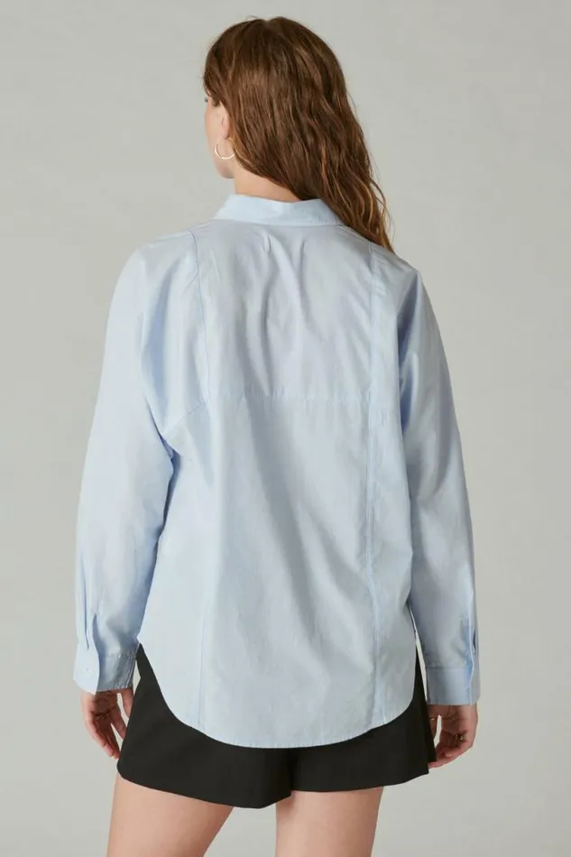 Women Lucky Brand Blouses Solid Oversized Seamed Shirt Light Blue