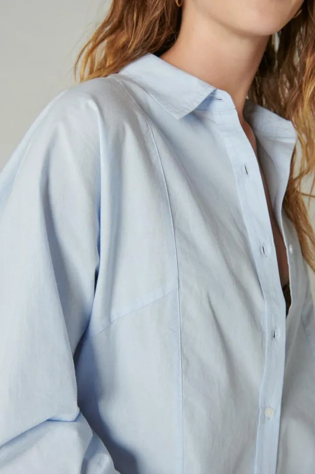 Women Lucky Brand Blouses Solid Oversized Seamed Shirt Light Blue