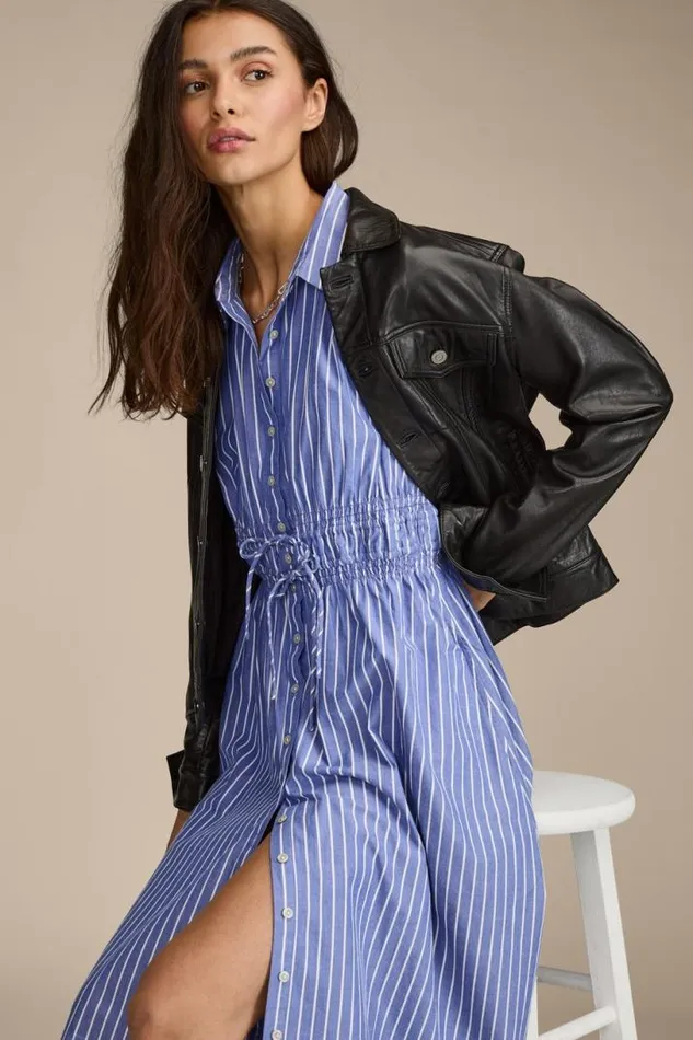 Women Lucky Brand Dresses Cinch Waist Shirt Dress Blue Stripe