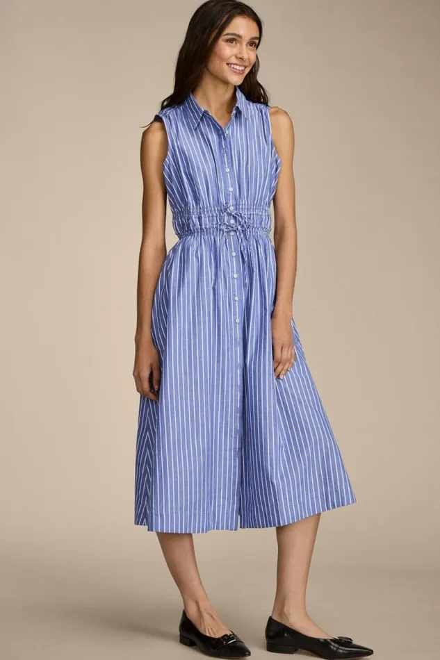Women Lucky Brand Dresses Cinch Waist Shirt Dress Blue Stripe
