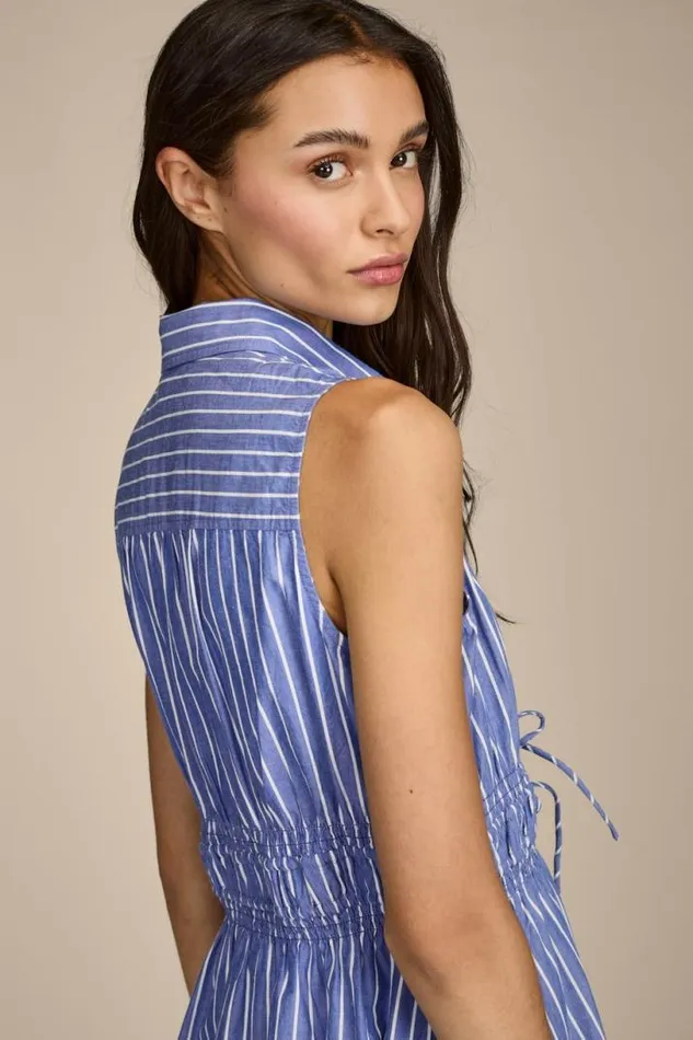 Women Lucky Brand Dresses Cinch Waist Shirt Dress Blue Stripe
