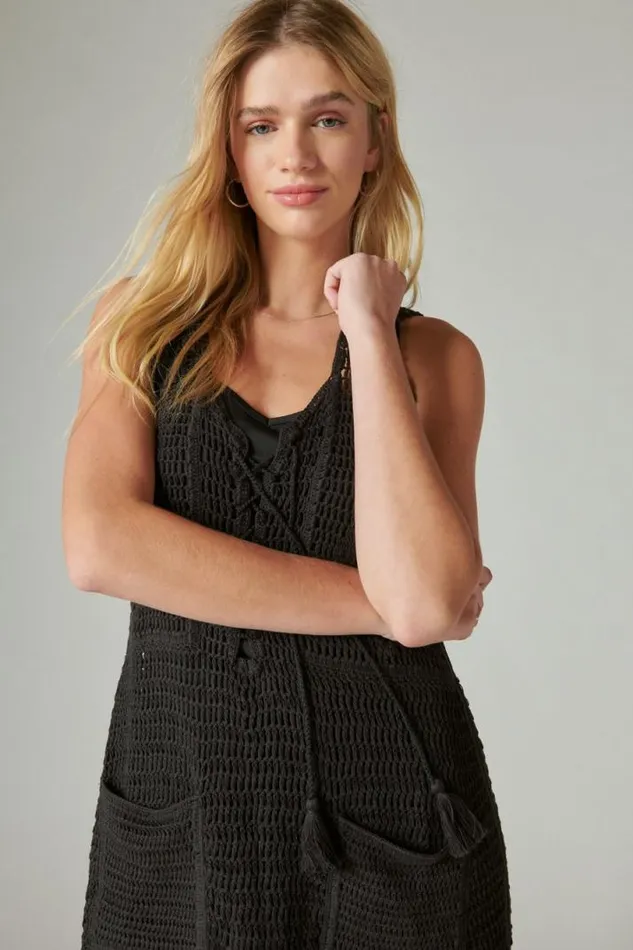 Women Lucky Brand Dresses Crochet Baja Tunic Dress Meteorite