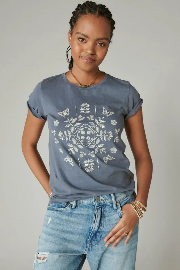 Women Lucky Brand Graphic Tees Butterly Bandana Classic Crew Dress Blues