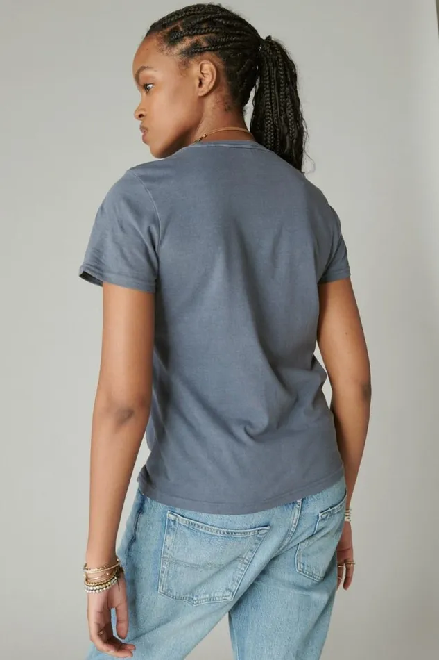 Women Lucky Brand Graphic Tees Butterly Bandana Classic Crew Dress Blues