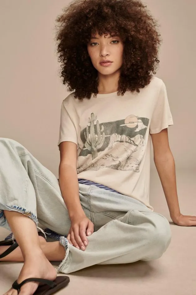 Women Lucky Brand Graphic Tees Cactus Scene Classic Crew Rainy Day