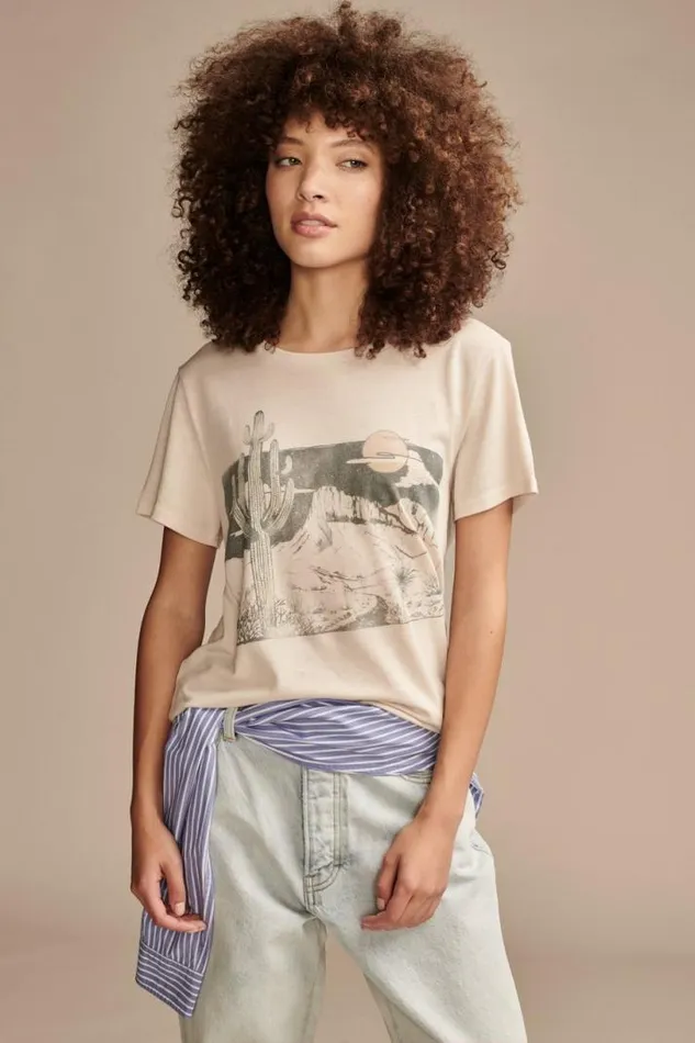 Women Lucky Brand Graphic Tees Cactus Scene Classic Crew Rainy Day