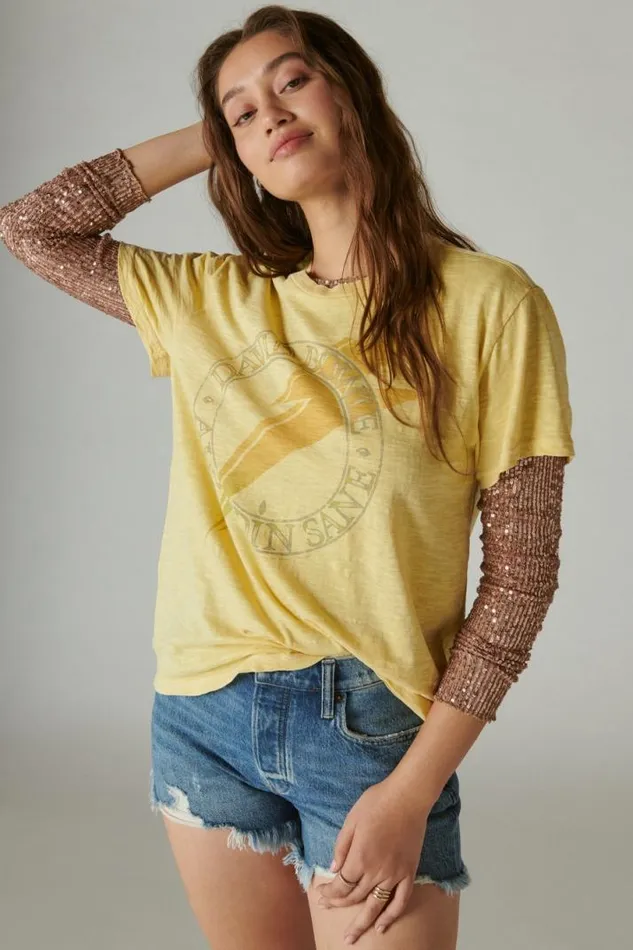 Women Lucky Brand Graphic Tees David Bowie Alladin Sane Boyfriend Tee Dusky Citron