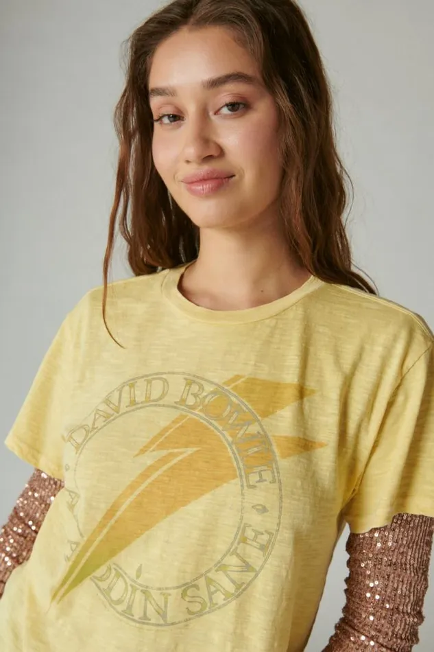 Women Lucky Brand Graphic Tees David Bowie Alladin Sane Boyfriend Tee Dusky Citron