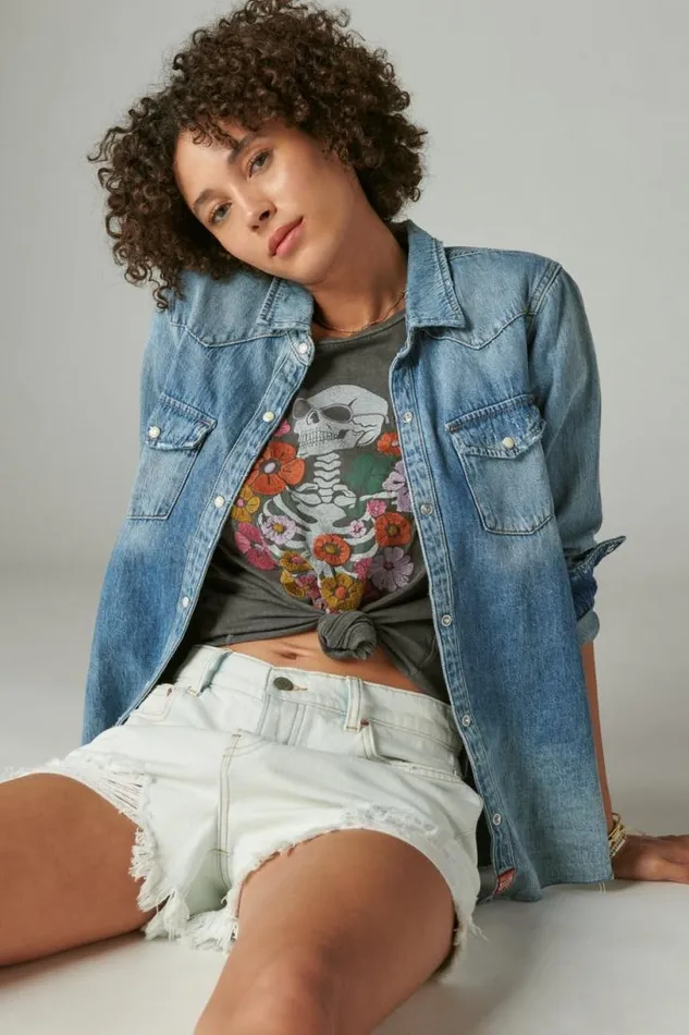 Women Lucky Brand Graphic Tees Flowers And Skeleton Classic Crew Plum Kitten