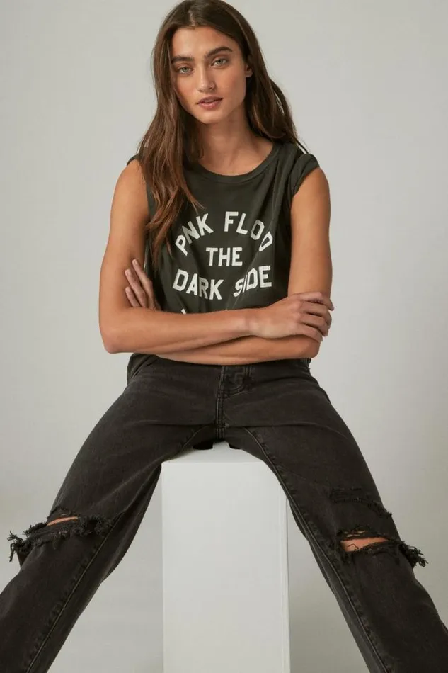 Women Lucky Brand Graphic Tees Pink Floyd Word Circle Boyfriend Tee 001 Lucky Black