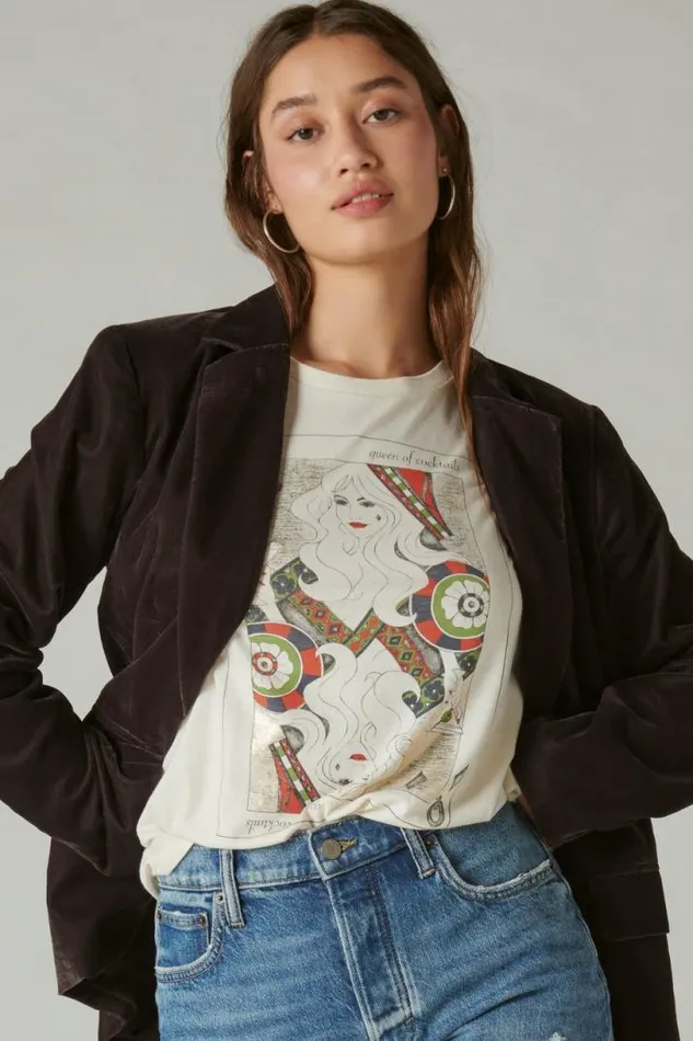 Women Lucky Brand Graphic Tees Queen Of Cocktails Classic Crew Whisper White