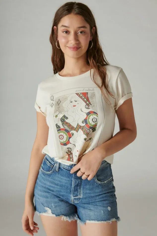 Women Lucky Brand Graphic Tees Queen Of Cocktails Classic Crew Whisper White