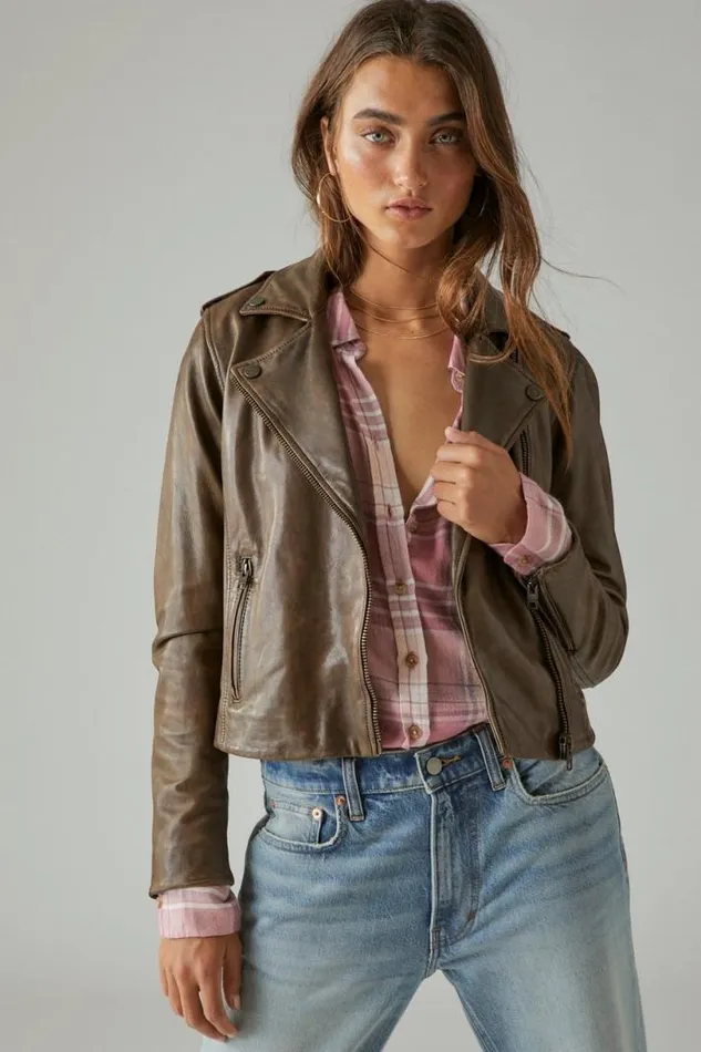 Women Lucky Brand Jackets and Outerwear Classic Leather Moto Jacket Brown Beige