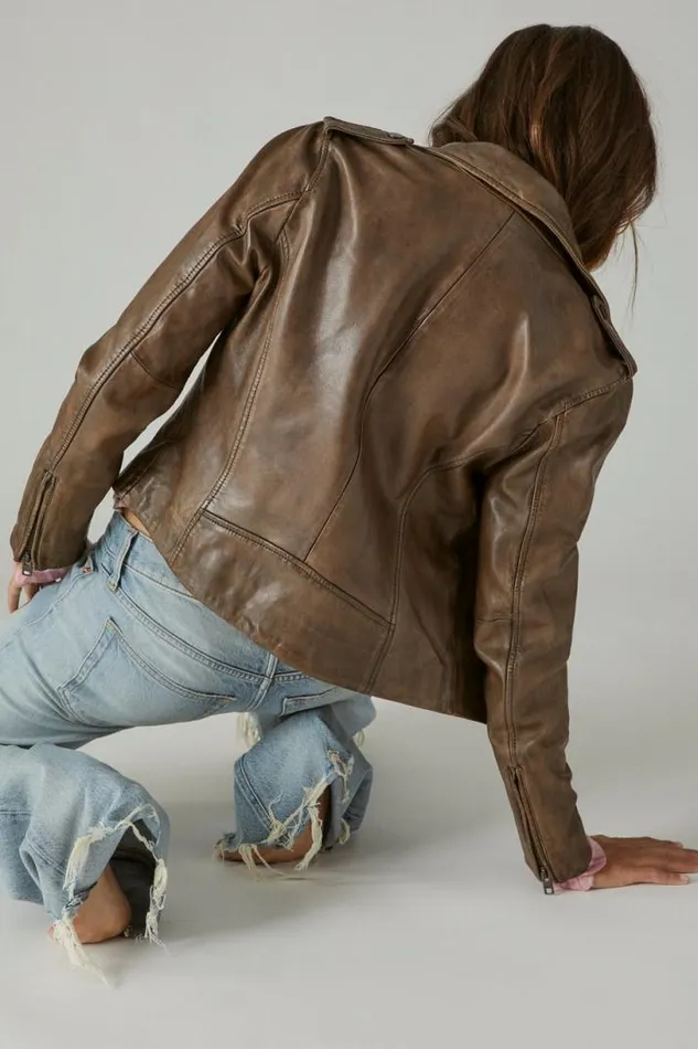 Women Lucky Brand Jackets and Outerwear Classic Leather Moto Jacket Brown Beige