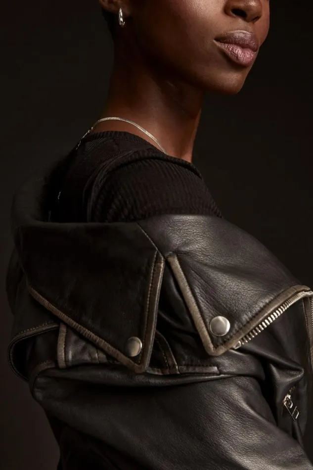 Women Lucky Brand Jackets and Outerwear Cropped Distressed Leather Moto Jacket Washed Black