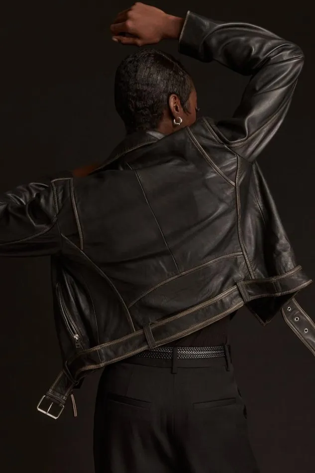 Women Lucky Brand Jackets and Outerwear Cropped Distressed Leather Moto Jacket Washed Black