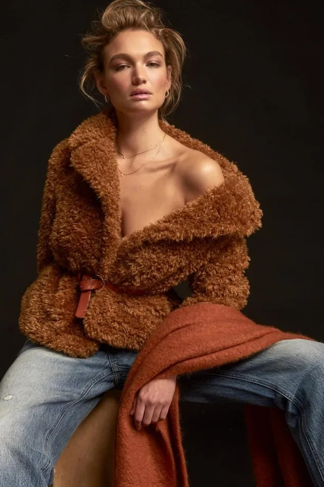 Women Lucky Brand Jackets and Outerwear Faux Teddy Coat Toffee