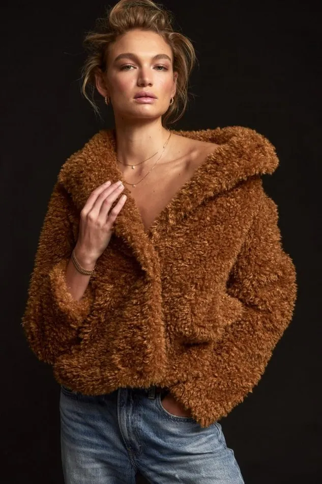 Women Lucky Brand Jackets and Outerwear Faux Teddy Coat Toffee