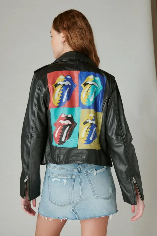 Women Lucky Brand Jackets and Outerwear Rolling Stones Leather Moto Jacket Black