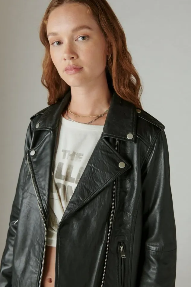 Women Lucky Brand Jackets and Outerwear Rolling Stones Leather Moto Jacket Black