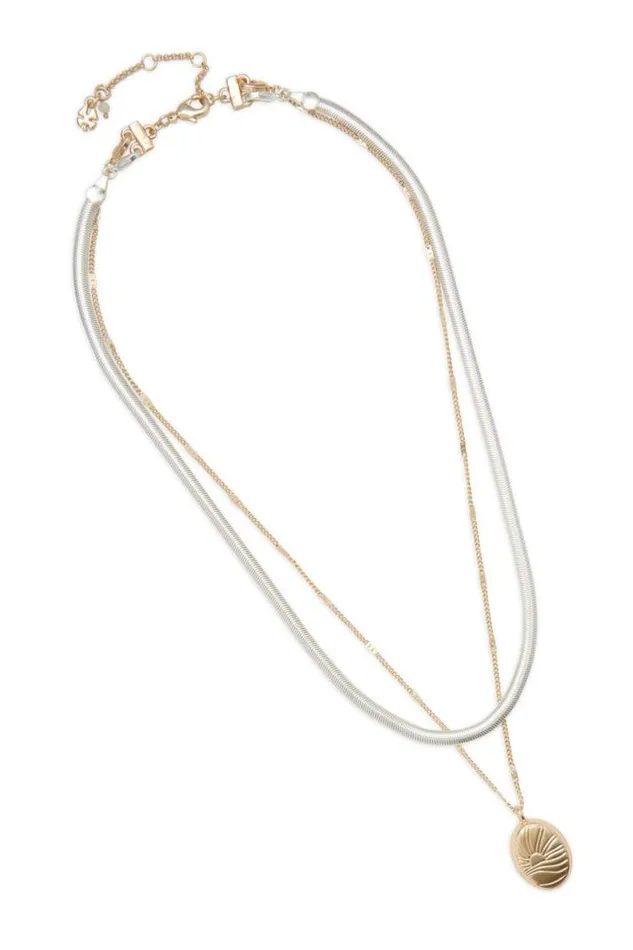 Women Lucky Brand Jewelry Sunshine Etched Locket Layer Necklace Two Tone
