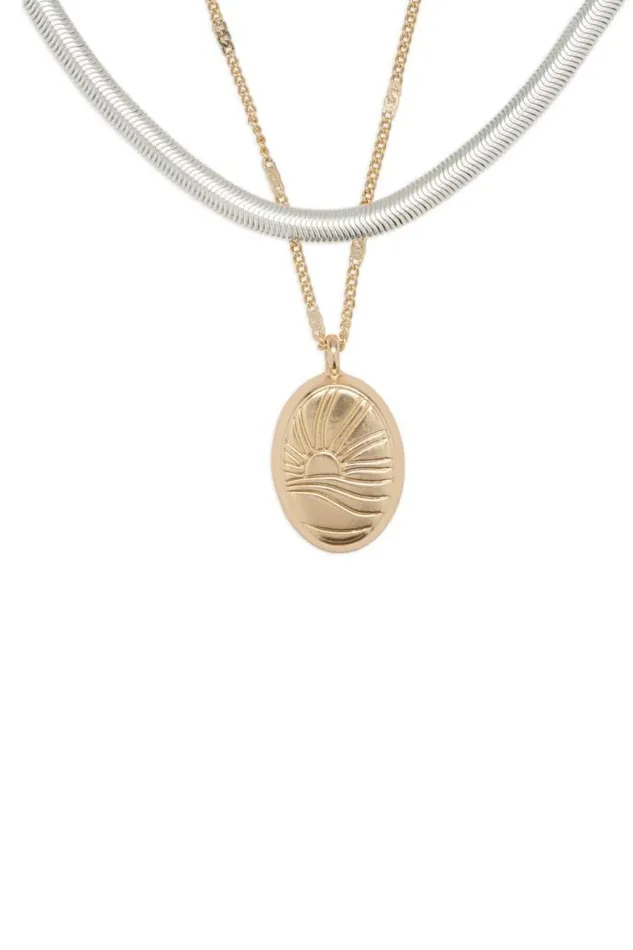 Women Lucky Brand Jewelry Sunshine Etched Locket Layer Necklace Two Tone