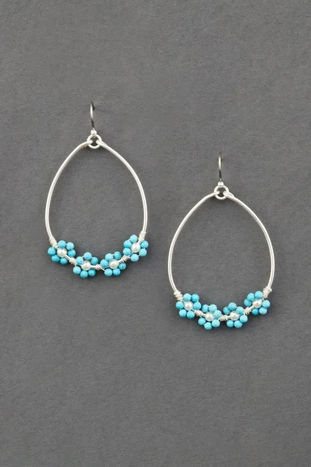 Women Lucky Brand Jewelry Turquoise Beaeded Flower Drop Earring Silver