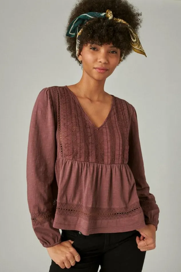 Women Lucky Brand Knit Tops Pintuck Lace Long Sleeve Top Huckleberry