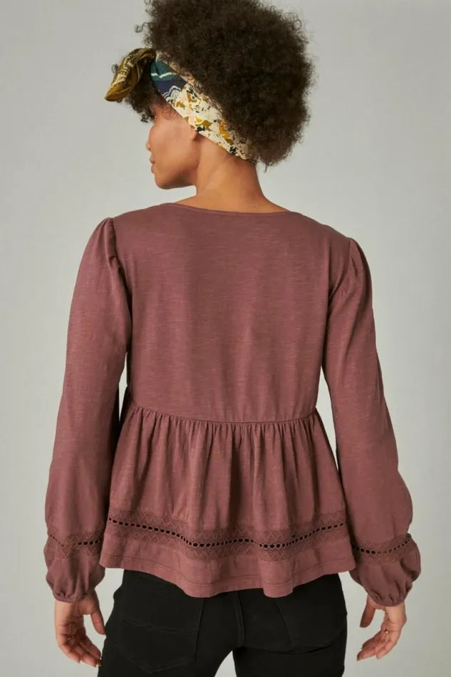 Women Lucky Brand Knit Tops Pintuck Lace Long Sleeve Top Huckleberry