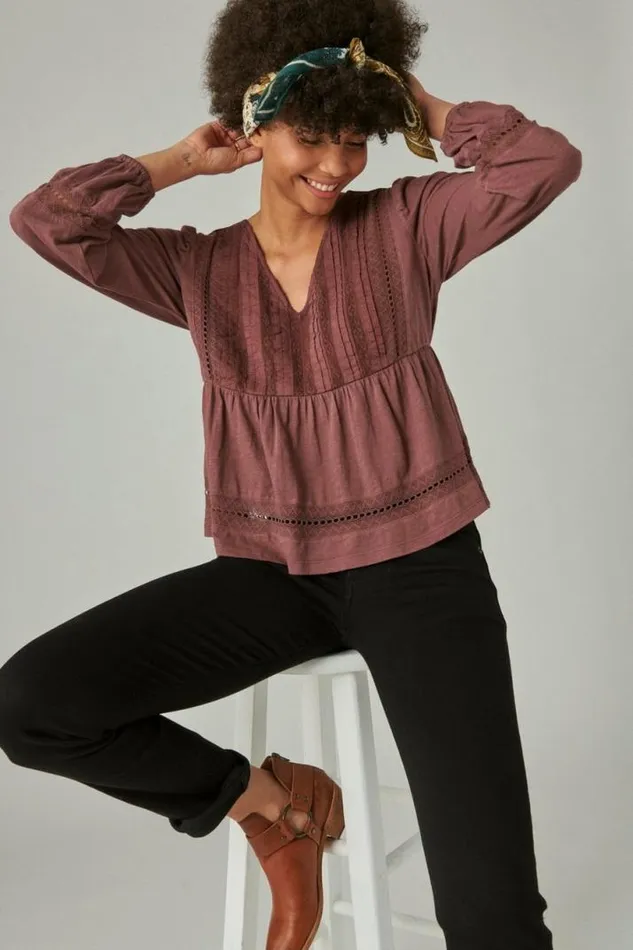 Women Lucky Brand Knit Tops Pintuck Lace Long Sleeve Top Huckleberry