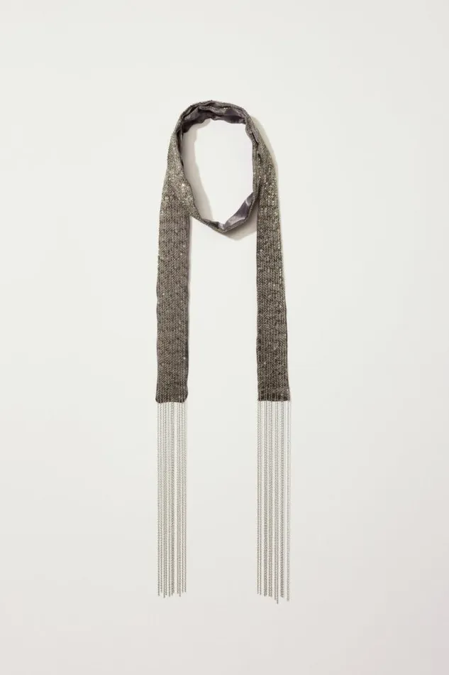 Women Lucky Brand Scarves and Bandanas Chain Fringe Silk Skinny Scarf Light Grey