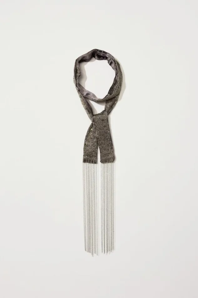 Women Lucky Brand Scarves and Bandanas Chain Fringe Silk Skinny Scarf Light Grey Women Lucky Brand Scarves and Bandanas Chain Fringe Silk Skinny Scarf Light Grey