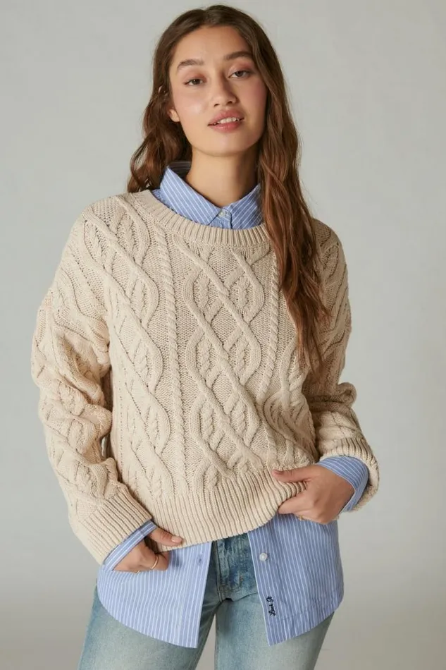 Women Lucky Brand Sweaters and Sweatshirts Cable Stitch Pullover Grey Morn
