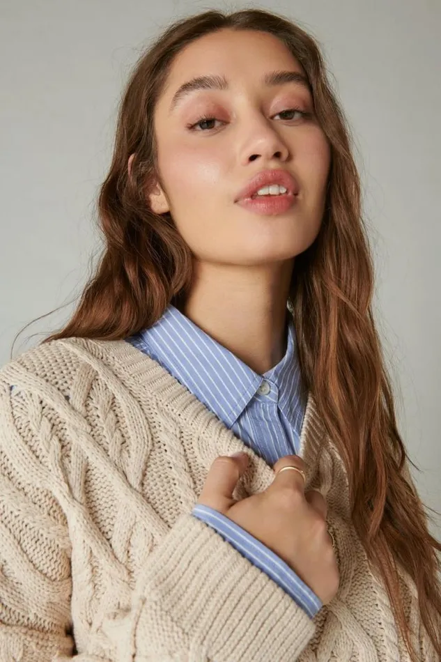 Women Lucky Brand Sweaters and Sweatshirts Cable Stitch Pullover Grey Morn