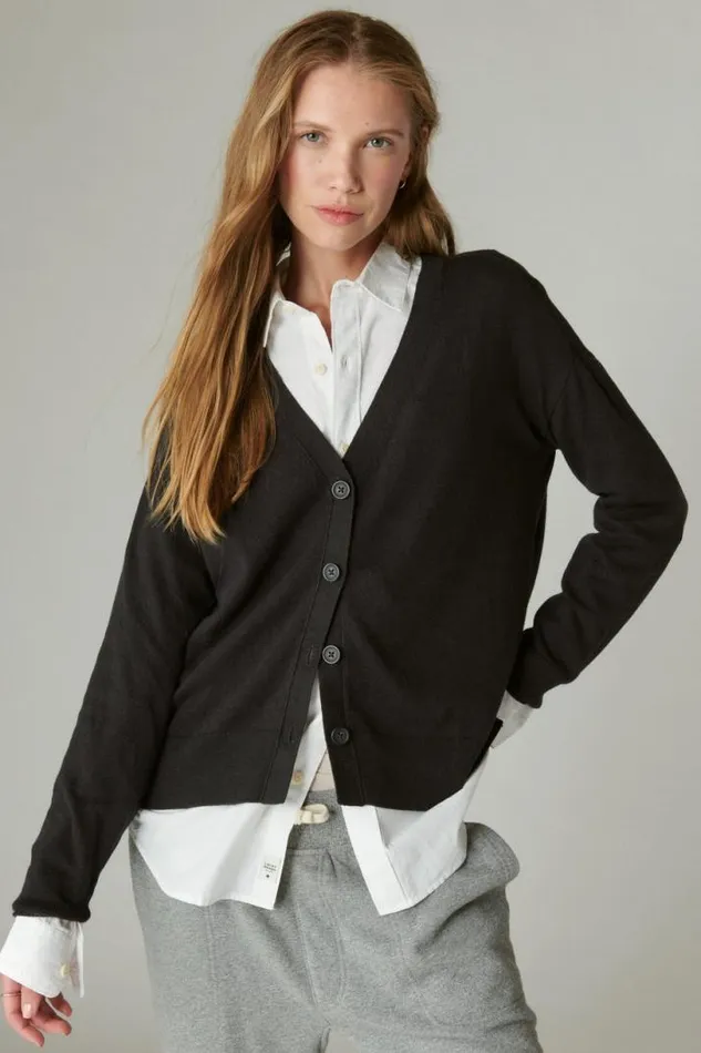 Women Lucky Brand Sweaters and Sweatshirts Cloud Soft Relaxed Cardigan Jet Black