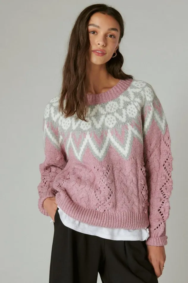 Women Lucky Brand Sweaters and Sweatshirts Fair Isle Sweater Dawn Pink Combo