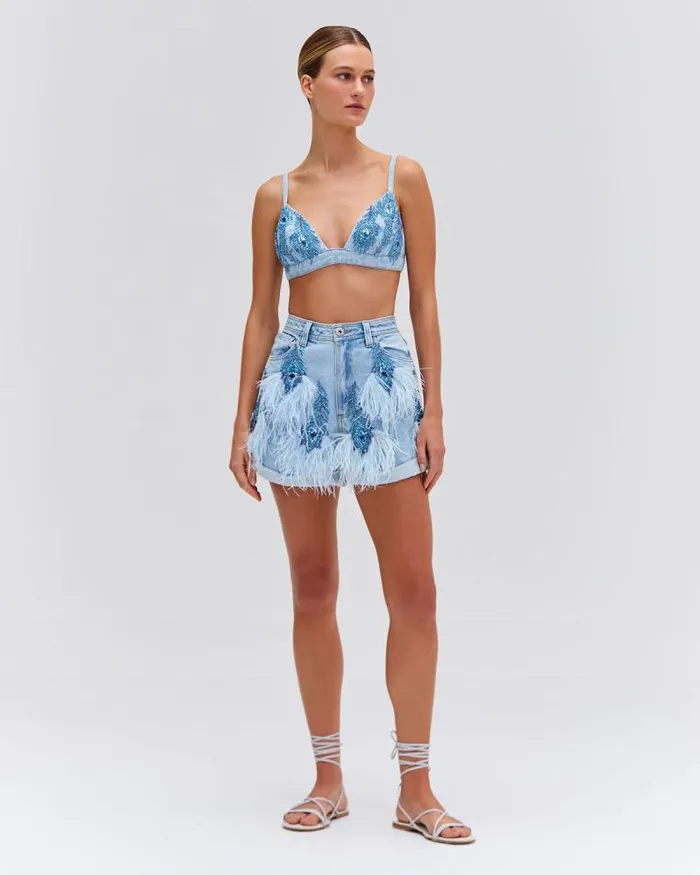 Women Matching Sets PatBO Beaded Feather Denim Shorts EXCLUSIVE Denim