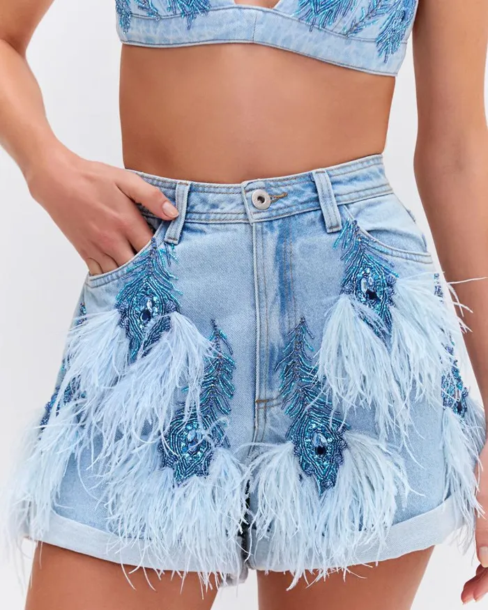 Women Matching Sets PatBO Beaded Feather Denim Shorts EXCLUSIVE Denim