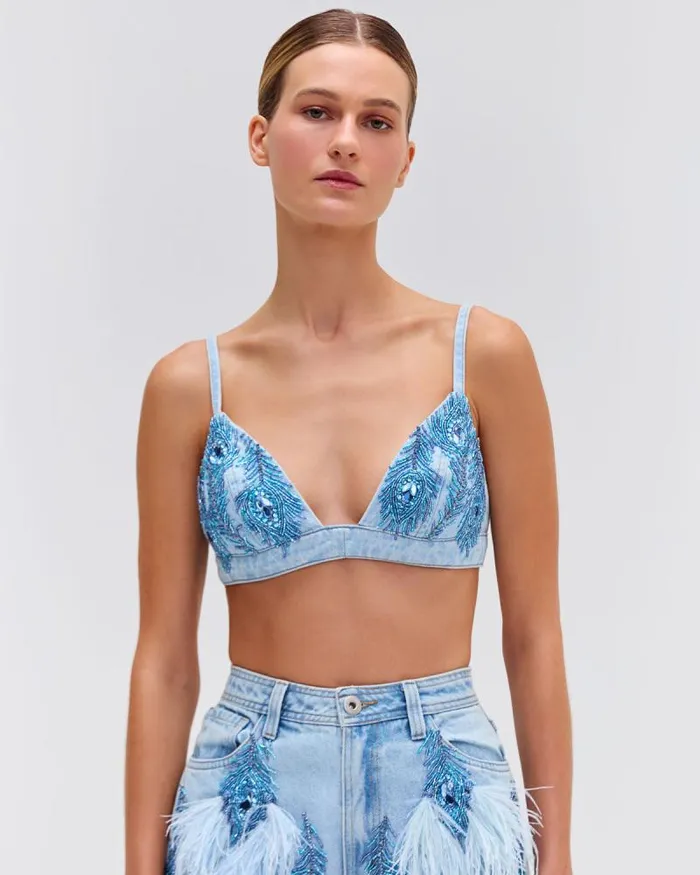 Women Matching Sets PatBO Beaded Feather Denim Shorts EXCLUSIVE Denim