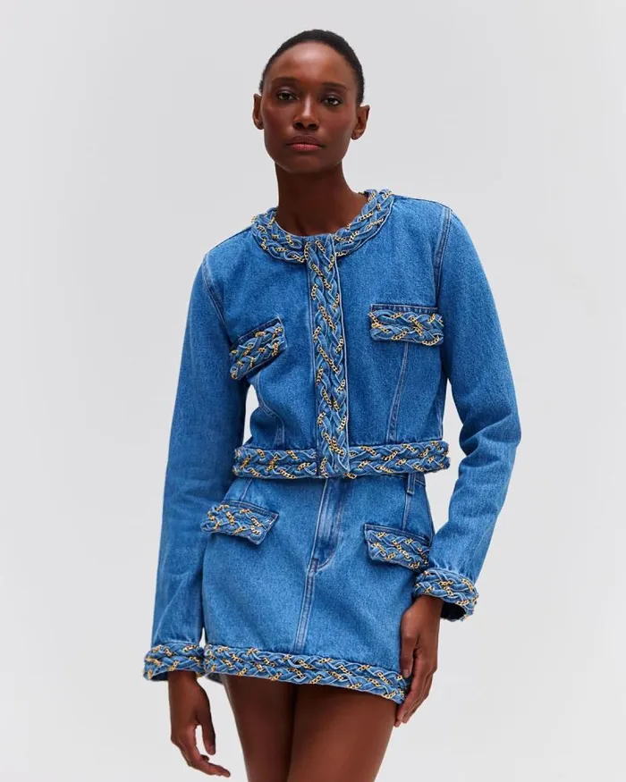 Women Matching Sets PatBO Braided Denim Cropped Jacket Denim