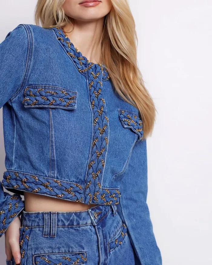 Women Matching Sets PatBO Braided Denim Cropped Jacket Denim