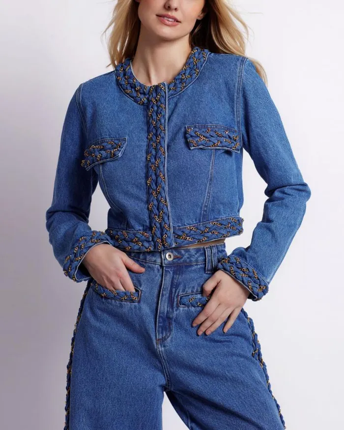 Women Matching Sets PatBO Braided Denim Cropped Jacket Denim