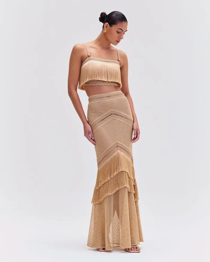Women Matching Sets PatBO SLEEVELESS FRINGE CROPPED TOP Gold