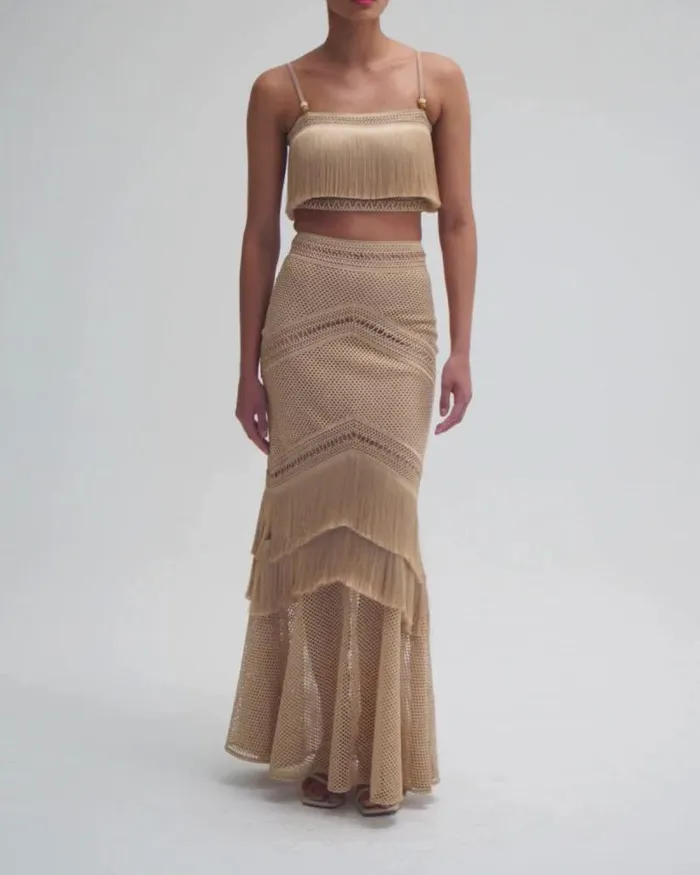 Women Matching Sets PatBO SLEEVELESS FRINGE CROPPED TOP Gold
