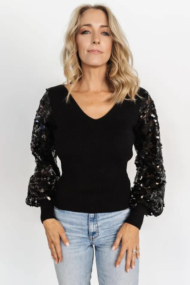 Women Mina Sequin Sleeve Top Black Baltic Born Embellished and Sequined