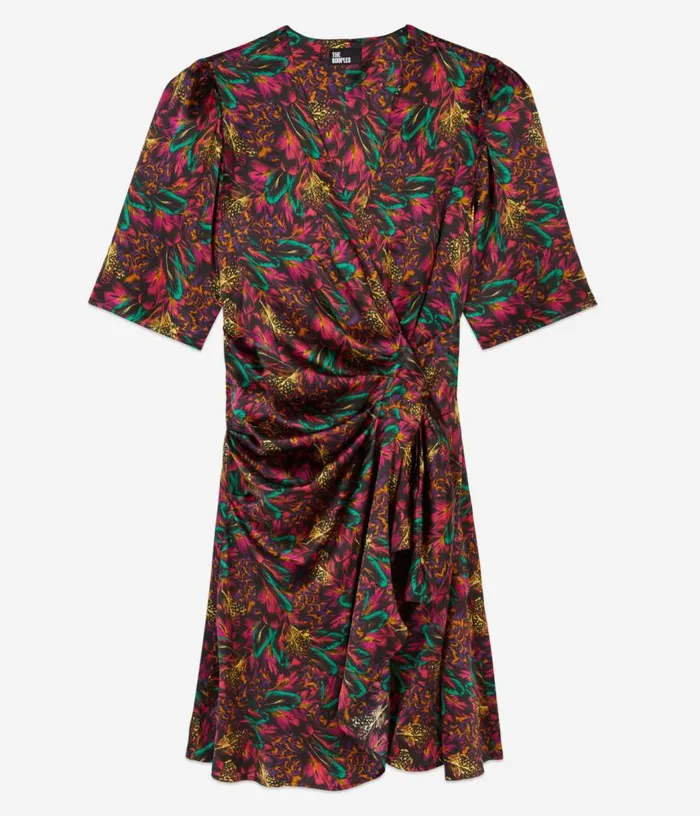 Women Multicolor Feather Print Short Sleeve Short Dress With Draping THE KOOPLES Dresses and Jumpsuits