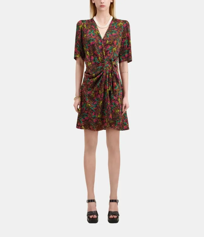 Women Multicolor Feather Print Short Sleeve Short Dress With Draping THE KOOPLES Dresses and Jumpsuits Women Multicolor Feather Print Short Sleeve Short Dress With Draping THE KOOPLES Dresses and Jumpsuits