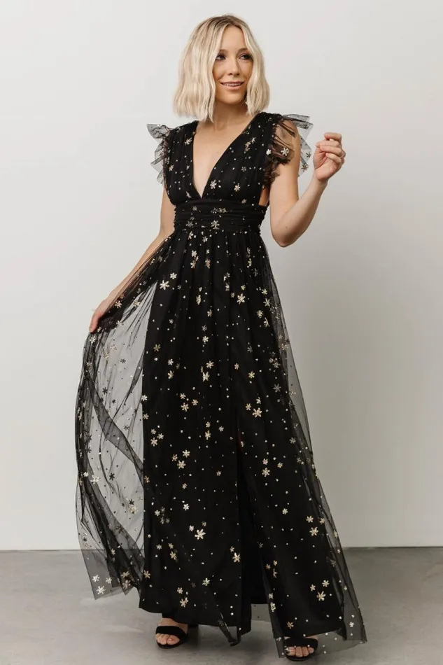 Women Nova Shimmer Maxi Dress Black Gold Baltic Born Embellished and Sequined
