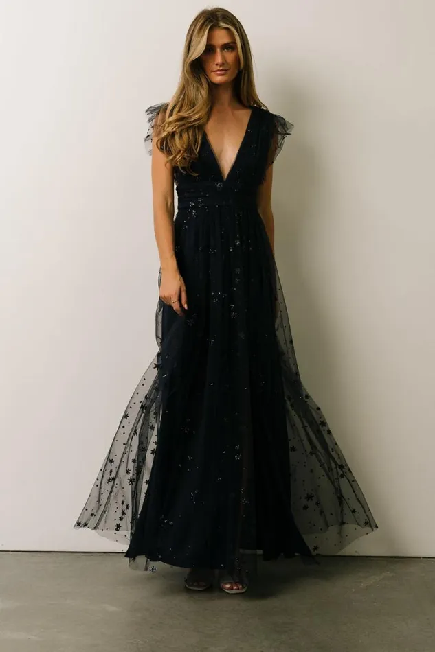 Women Nova Shimmer Maxi Dress Navy Baltic Born Embellished and Sequined